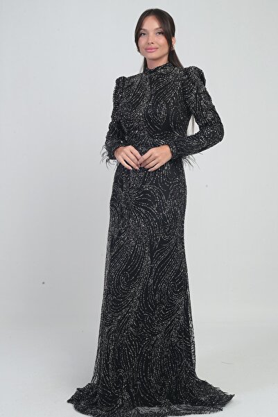 By Saygı Women's Long Dress with Feather Sleeves, Beaded and Sequined Lining, Tulle