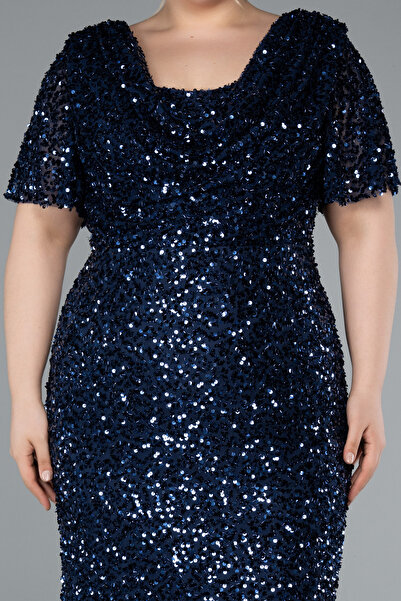 Abiyefon Lacivert Kısa Kol Degaje Yaka Uzun Pullu Büyük Beden Abiye ABU4926