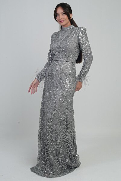 By Saygı Women's Long Dress with Feather Sleeves, Beaded and Sequined Lining, Tulle