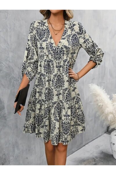 JANES Women's Long Sleeve V Neck Ruffle Mini Single Jersey Dress