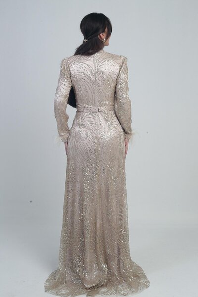 By Saygı Women's Long Dress with Feather Sleeves, Beaded and Sequined Lining, Tulle