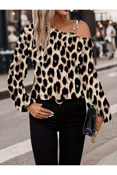 Kokosh moda Γυναικεία μπλούζα με μακρύ μανίκι με ανοιχτό ώμο με αγκράφα με λεοπάρ στάμπα