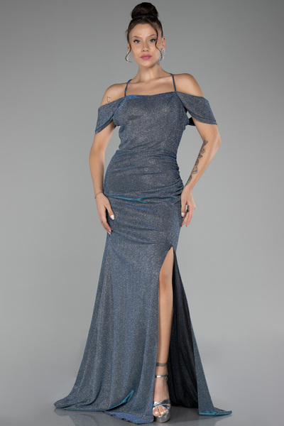 Abiyefon İndigo Bacak Dekolteli Uzun Simli Abiye Elbise ABU4212