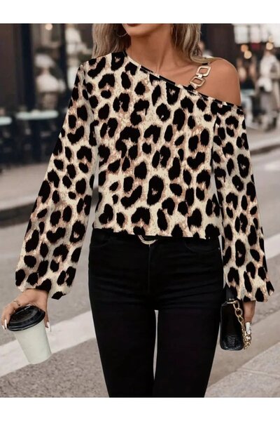 Kokosh moda Γυναικεία μπλούζα με μακρύ μανίκι με ανοιχτό ώμο με αγκράφα με λεοπάρ στάμπα