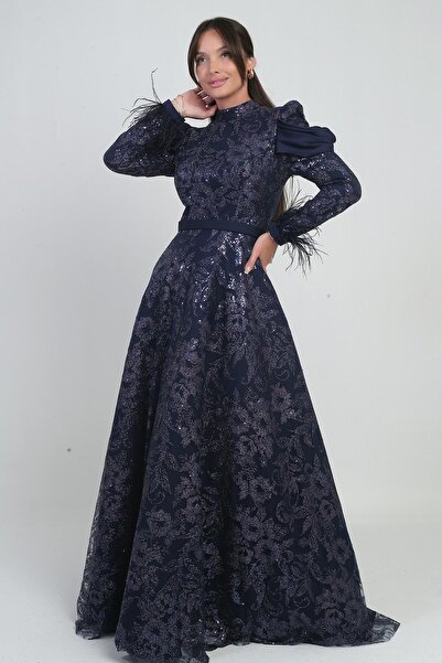 By Saygı Women's Long Dress with Feathered Sleeves, Beaded Sequins, and Detailed Lining