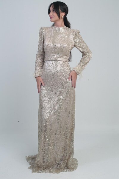 By Saygı Women's Long Dress with Feather Sleeves, Beaded and Sequined Lining, Tulle