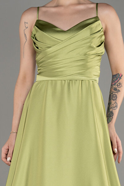 Abiyefon Fıstık Yeşili Uzun İp Askılı Saten Abiye Elbise ABU1601