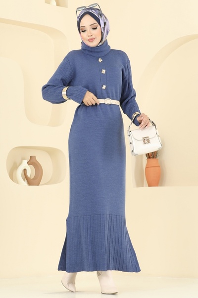 ModaMerve Accessory Buttoned Knitwear Dress 8362Kl398-Ms Indigo