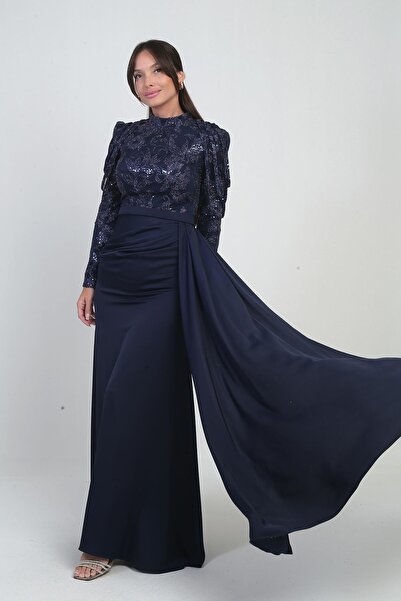 By Saygı Women's Sequin Detailed Skirt with Gathered Lining Chiffon Long Dress