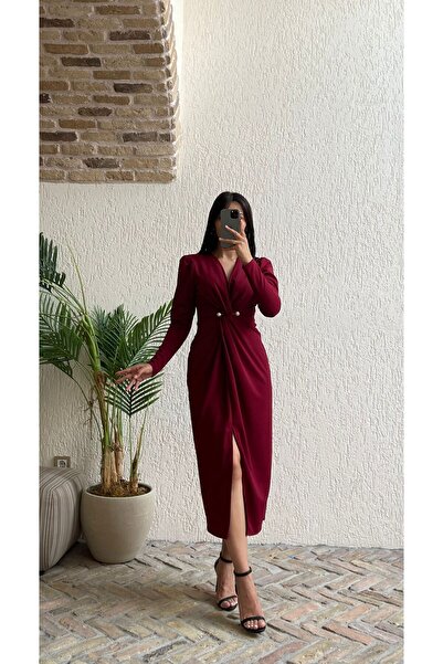 Nida Boutique διπλό πέτο Φόρεμα με μακρύ μανίκι με λαιμόκοψη και λεπτομέρεια από πέρλες μπροστά Y άνοιγμα πλεκτό κρεπ