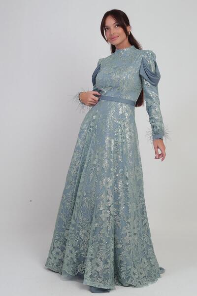 By Saygı Women's Long Dress with Feathered Sleeves, Beaded Sequins, and Detailed Lining