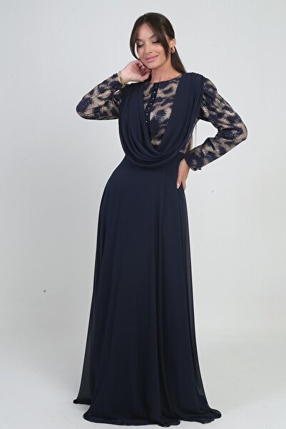 By Saygı Γυναικείο μακρύ φόρεμα από σιφόν με λεπτομέρεια με λουλουδάτη ζώνη και επένδυση με παγιέτες