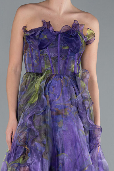 Abiyefon Mor Straplez Yırtmaçlı Uzun Empirme Şifon Abiye ABU4734