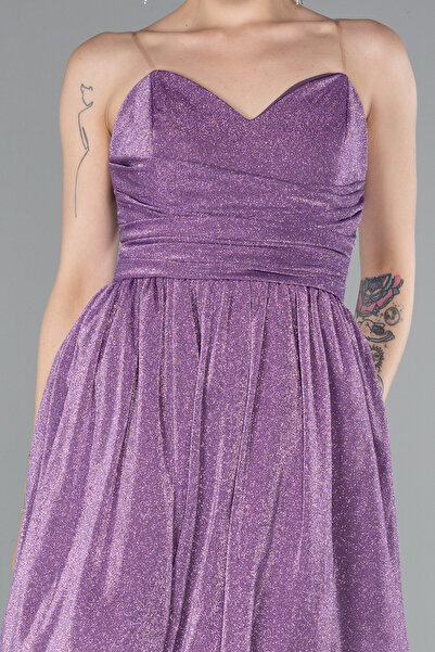 Abiyefon Lila Straplez Kısa Simli Davet Elbisesi ABK2349