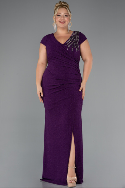 Abiyefon Mor Kısa Kol V Yaka Uzun Simli Büyük Beden Abiye ABU5317