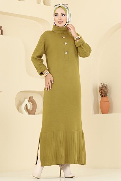 ModaMerve Accessory Buttoned Knitwear Dress 8362Kl398-Ms Oil Green