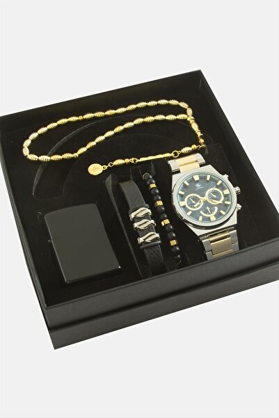 Genel Markalar Metal Kayışlı Kol Saati Tesbih Bileklik Ve Çakmak Kutulu Set