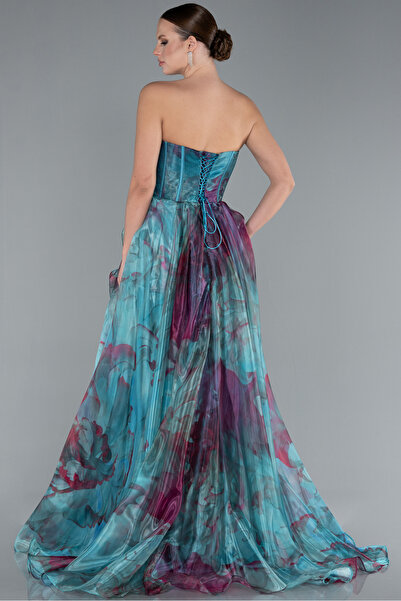 Abiyefon Petrol Yeşili Straplez Yırtmaç Uzun Empirme Şifon Abiye ABU4734