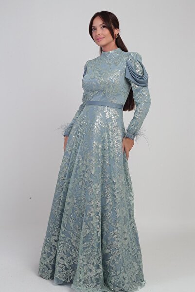 By Saygı Women's Long Dress with Feathered Sleeves, Beaded Sequins, and Detailed Lining