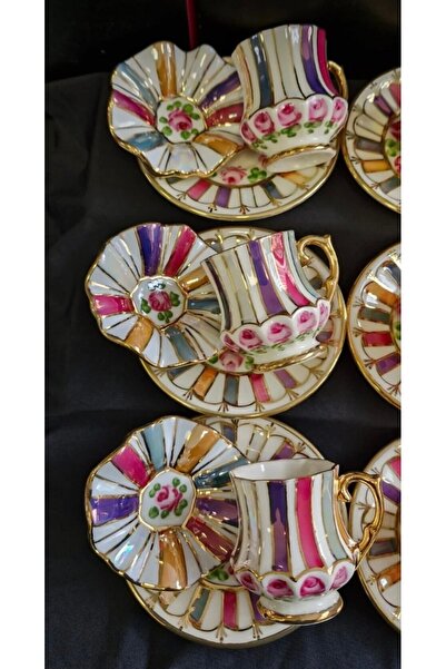 Handmade Esterhomedecor 6-Person Porcelain Hand-Painted Coffee Cup Set and 6 Turkish Delight Bowls