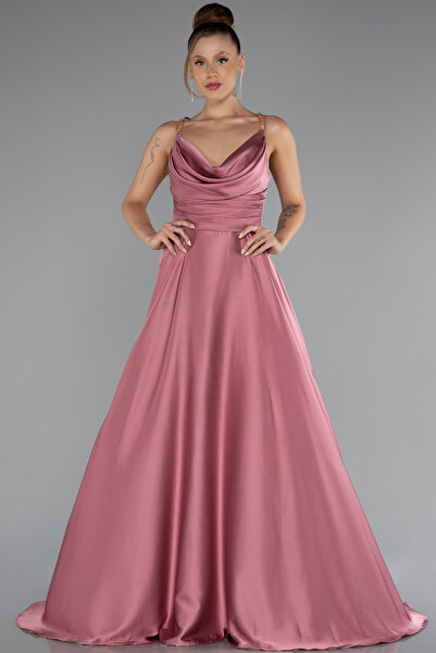 Abiyefon Gül Kurusu Zincir Askılı Göğüs Drapeli Uzun Saten Abiye ABU5146