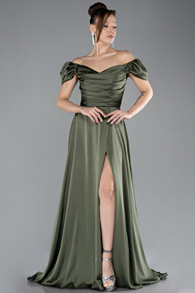 Abiyefon Haki Kayık Yaka Yırtmaçlı Uzun Saten Abiye Elbise ABU4508