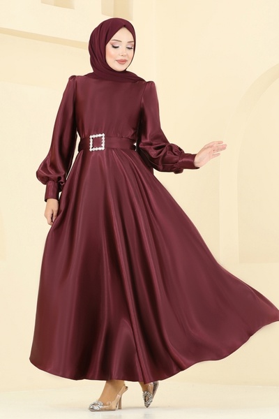 ModaMerve Kemeri Taşlı Saten Abiye ASM2753-MS Bordo