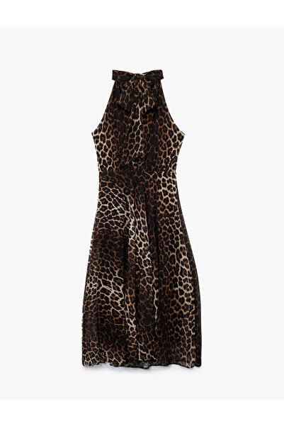 Koton Krep Kumaş Kolsuz Halter Yaka Midi Boy Leopar Desenli Elbise