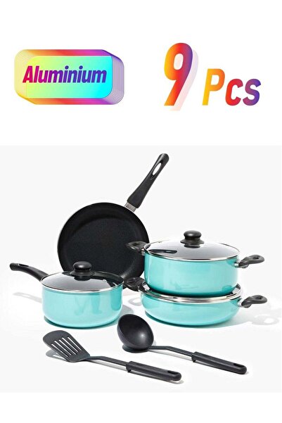 Amal طقم أواني طهي من 9 قطع - أواني ومقالي من الألومنيوم - سطح غير لاصق - أغطية من الزجاج المقسّى - حمض بيرفلورو الأوكتانويك (PFOA)
