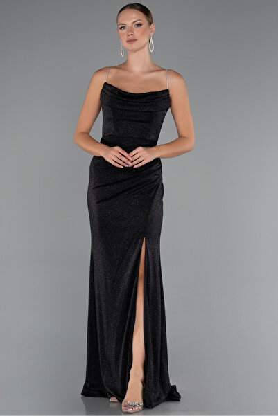 Abiyefon Siyah Göğüs Drapeli Bacak Dekolteli Uzun Simli Abiye ABU5245