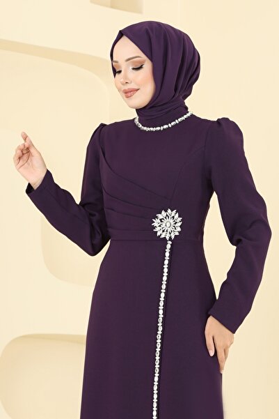 ModaMerve Taş Detaylı Krep Abiye 8116ABK1075-MS Mor