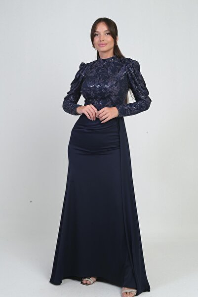 By Saygı Women's Sequin Detailed Skirt with Gathered Lining Chiffon Long Dress