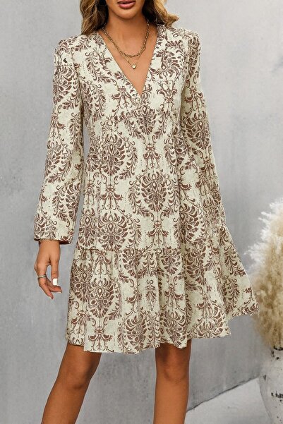 JANES Дамска рокля с дълъг ръкав, V-образно деколте и набори Suprem