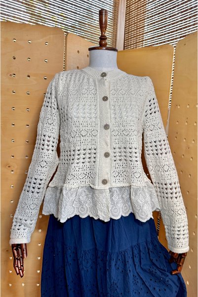 Matcha Butik Women's Cream Brode Detailed Ruffled Openwork Cardigan Bohemian Style