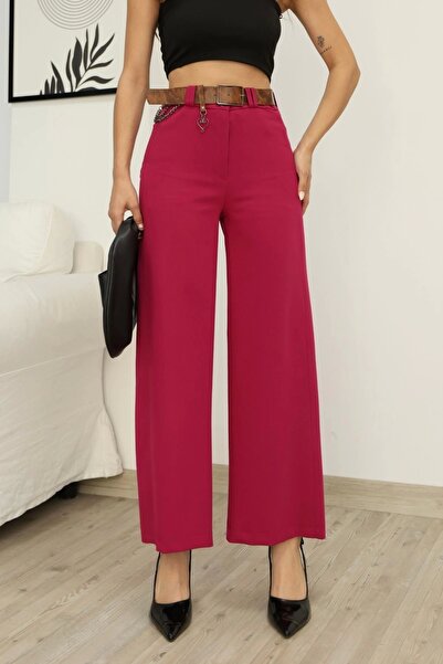 lodmela Palazzo Fabric Trousers with Accessories and Belt Detail 6115-Fuchsia