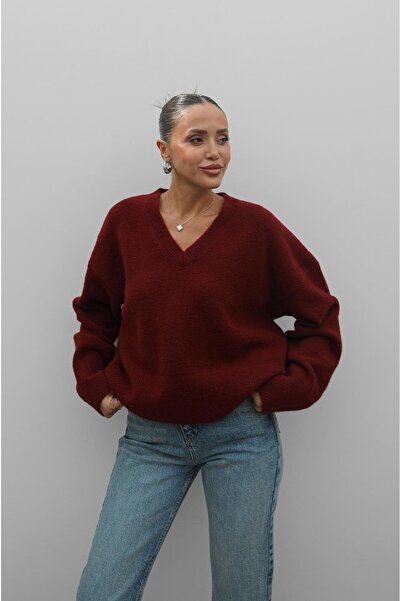 Havoş Bordo V Yaka Yumuşak Dokulu Kazak