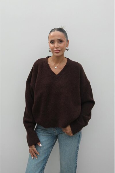 Havoş Brown V-Neck Soft Textured Sweater