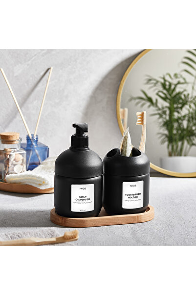 AKTEZ-EL Dozator de săpun lichid cu suport din lemn Set suport pentru periuță de dinți cu suport din lemn în cutie Dozator de săpun lichid din sticlă Set suport pentru periuță de dinți