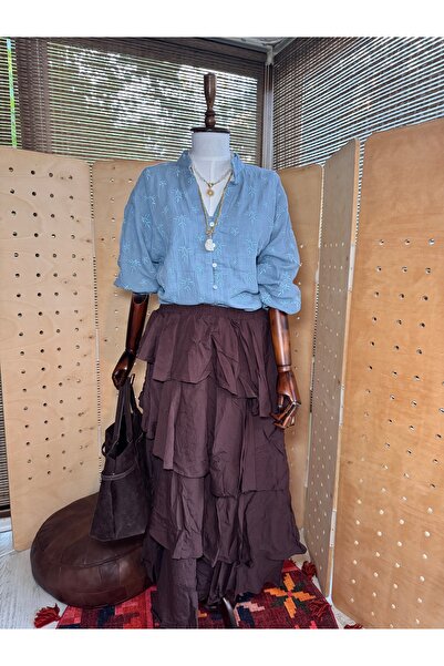 Matcha Butik Kadın Kahverengi Kat Kat Uzun Bohem Etek