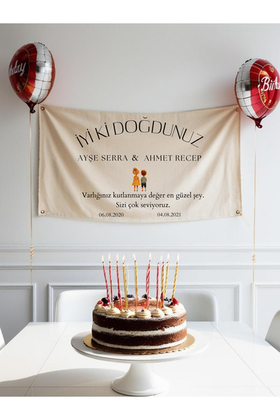 Puppetzzz İkiz Doğum günü flaması isimli Doğum Günü Arka Fon Flama Afiş Duvar...