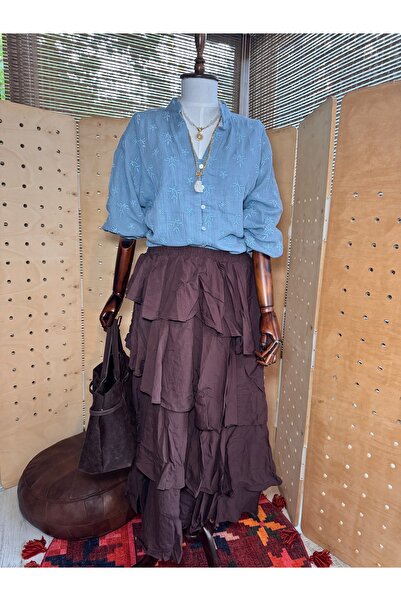 Matcha Butik Kadın Kahverengi Kat Kat Uzun Bohem Etek