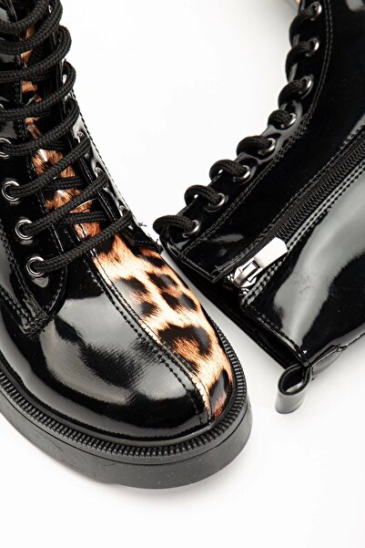 DEAG 02-3055 Black Patent Leather Leopard Lace-Up Zippered Casual Women's Boots