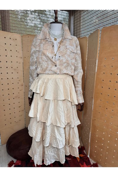 Matcha Butik Women's Elastic Layered Bohemian Skirt Beige