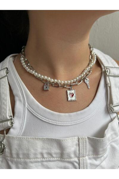 Fiamoss Women's Charm Detailed and Pearl-Encrusted Design Necklace
