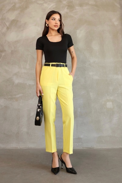 lodmela Belt detailed elastic waist fabric pants 6163-yellow