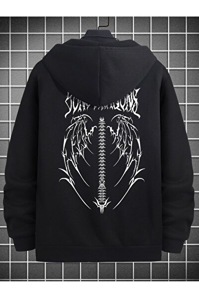 Mythologie Жилетка Wing Cardigan - черна зимна жилетка с цип и качулка с принт