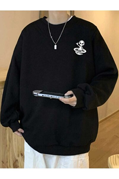 Mythologie Dj Alien Sweatshirt - Black Printed Oversize Raised Crew Neck