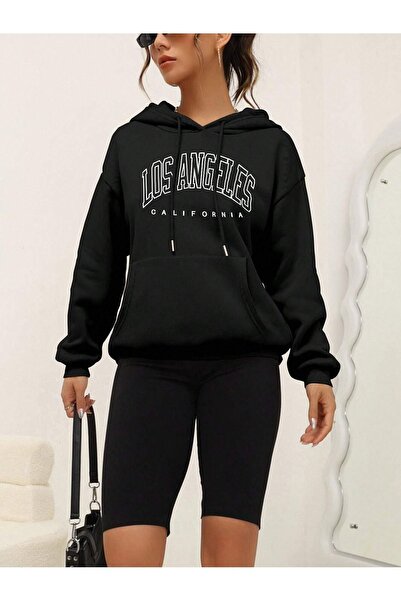 Mythologie Χειμερινό χοντρό φούτερ Los Angeles California - Μαύρη κουκούλα με στάμπα Oversize Hoodie