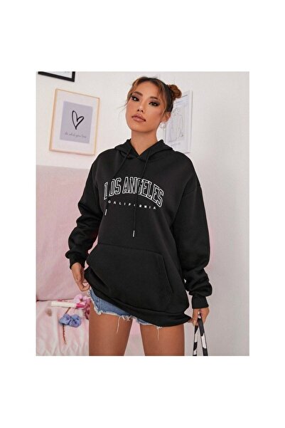 Mythologie Women's Black Los Angeles Printed Hooded Oversize Sweatshirt