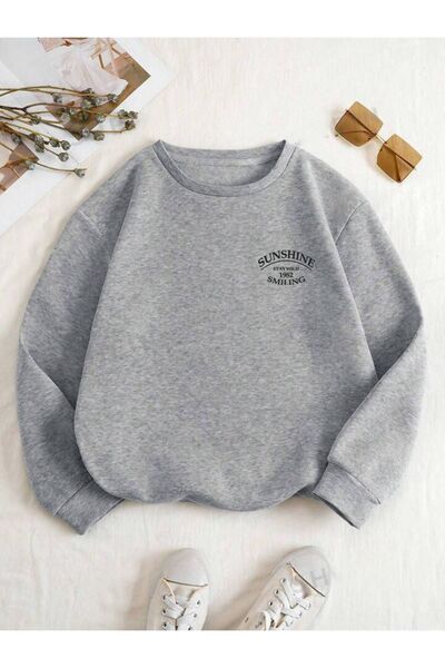 Mythologie Φούτερ Sunshine Smiling - Γκρι με στάμπα Oversize με λαιμόκοψη με ριγέ